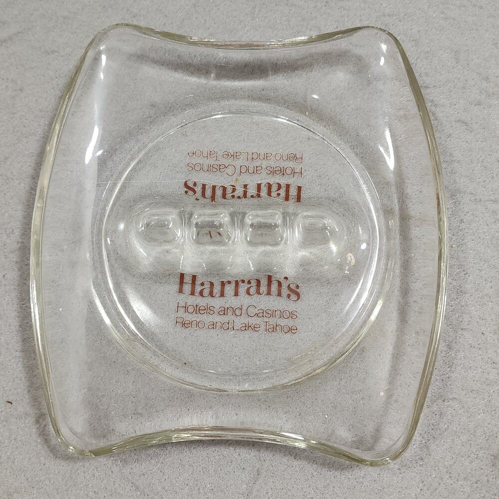 HARRAHS Hotels & Casinos Reno And Lake Tahoe Red Print 3 Notch Clear Ashtray